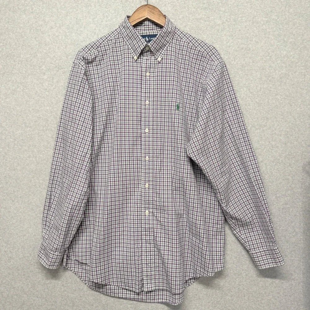 Ralph Lauren Button‎ Down Mens L Purple Green Plaid Classic Fit Long Sleeve Pony